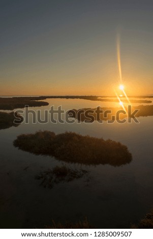 Sunset in the ebro delta by the sea, Spain