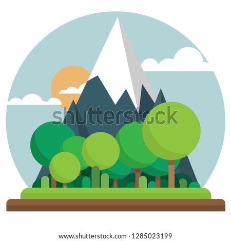 Flat style. Landscape. Cute cartoon mountains, sky and sun. Trees with round crowns in the foreground.Flat ground, round white frame.