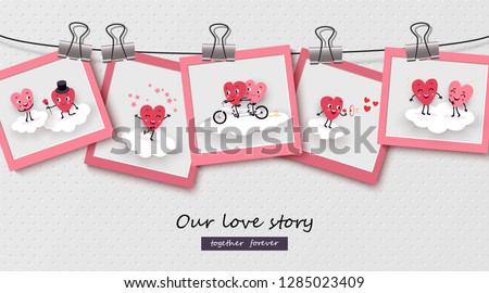 Love story in hanging on the rope photographs of a pair of lovely lovers animated hearts. Vector illustration suitable for Valentine's Day, Wedding, Engagement
