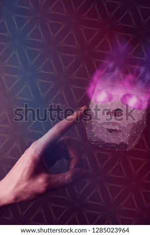 Human hand and mask of hacker low poly. Mixed media. 