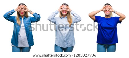 Collage of young beautiful woman wearing glasses over isolated background doing ok gesture like binoculars sticking tongue out, eyes looking through fingers. Crazy expression.