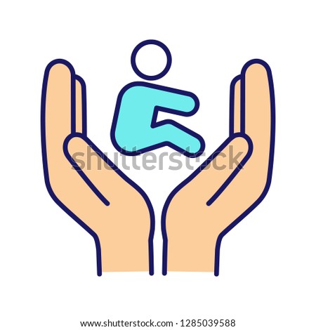 Child custody color icon. Children's rights. Child protection day. Hands holding kid. Childcare. Adoption. Orphanage. Co-parenting. Isolated vector illustration