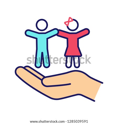 Children's rights color icon. Child protection day. Hand holding kids. Childcare. Isolated vector illustration