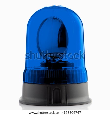 Blue rotating beacon on white reflective background.