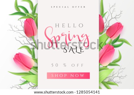 Vector illustration of spring promotion banner template with hand lettering label - spring - with realistic tulip flowers.