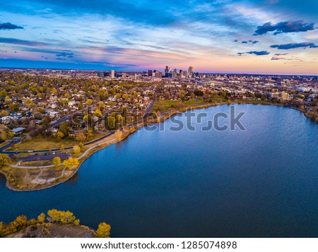 Colorful Drone Sunset Over Sloan's Lake in Denver, Colorado