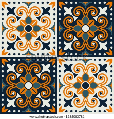 	
Talavera pattern. Azulejos portugal. Turkish ornament. Moroccan tile mosaic. Spanish porcelain. Ceramic tableware, folk print. Asian pottery. Ethnic background. Mediterranean wallpaper. Art Deco.