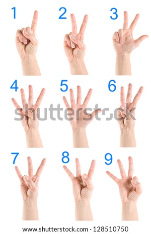Collage hand showing number isolated on a white background