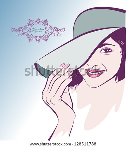 Vector drawing of fashionable hat on the head of the beautiful woman.