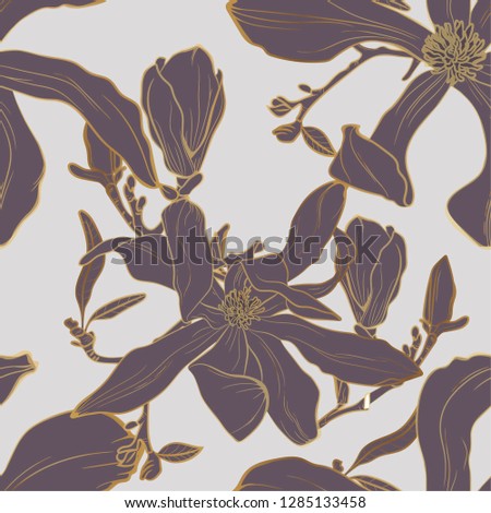 Golden seamless hand-drawing floral light violet vintage background with flower magnolia.