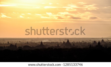Group of old Bagan pagodas or pagodas field in Myanmar at sunrise. Bagan, Myanmar.