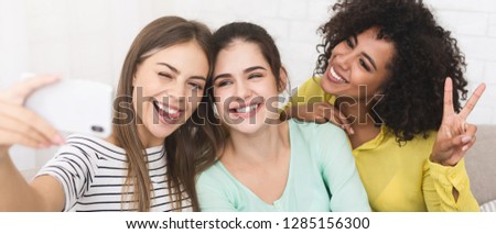 Happy female friends taking selfie, enjoing their time together at home