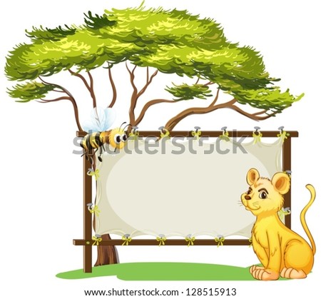 Illustration of a young tiger and a bee beside an empty space on a white background
