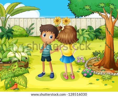Illsutration of a boy and a girl arguing in the garden