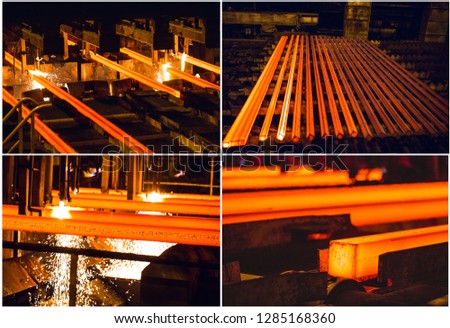 Steel Billets at Torch Cutting. Collage of pictures