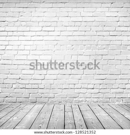 room interior vintage with white brick wall and wood floor background Royalty-Free Stock Photo #128521352