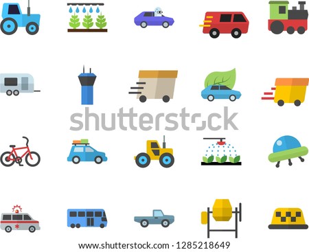 Color flat icon set concrete mixer flat vector, pickup truck, tractor, sprinkling machine, eco cars, autopilot, trucking, express delivery, ambulance, ufo, train fector, car, trailer, bus, bicycle