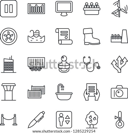 Thin Line Icon Set - airport tower vector, fence, elevator, camera, pen, document, meeting, contract, boot, stethoscope, route, truck trailer, cargo container, barcode, monitor, pause button, stamp