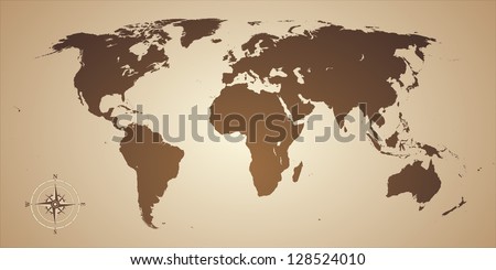 Old style world map with compass icon. Vector illustration
