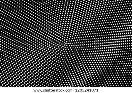 White dots on black background. Centered halftone vector texture. Diagonal dotwork gradient. Monochrome halftone overlay for vintage effect. Perforated surface. Pop art style dot texture card