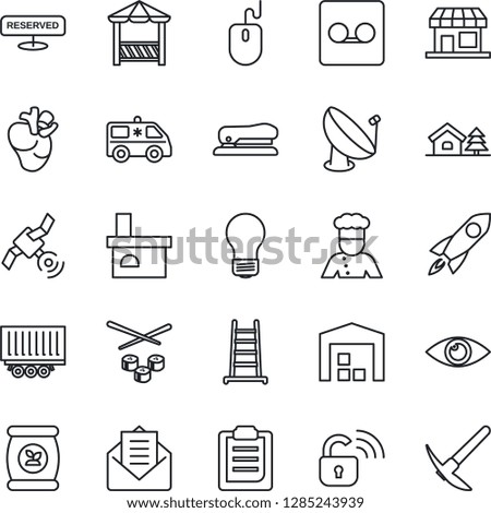 Thin Line Icon Set - mouse vector, bulb, ladder, fireplace, fertilizer, ambulance car, real heart, eye, truck trailer, satellite antenna, mail, record, clipboard, stapler, house with tree, warehouse