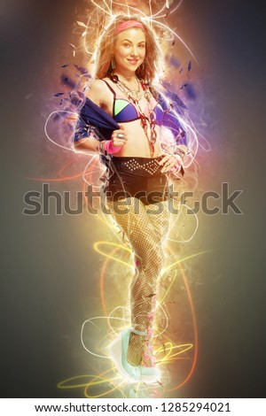Girl posing in disco light. Neon light poster idea. Girl dancer