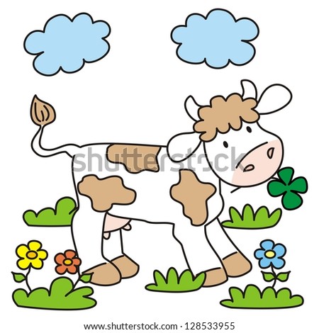 Calf in a meadow with flowers. Vector illustration