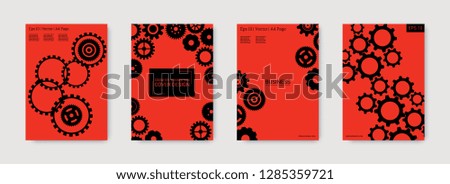 Industrial engineering background. Vector minimal flat set. Graphic template. Black cogs on red. Wheels and cogs colorful gear flyer. Industrial engineering background design.