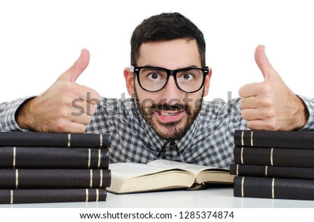 Smiling man wearing eyeglasses showing thumbs up gesture. Photo of smiling student, creative concept with Back to school theme. Isolated on white background