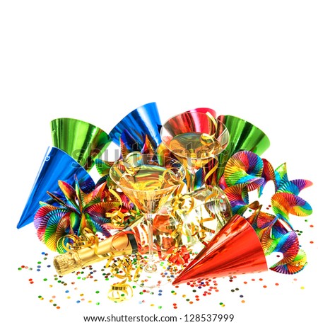 colorful party decoration with garlands, streamer, cracker, confetti and cocktail glasses. holidays background with place for your text