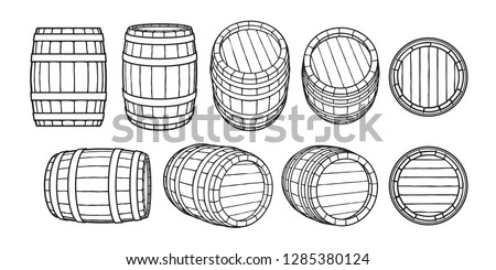 Set of wooden barrels in different positions. Front and side view,black at different angles Vector illustrations isolated on white background.