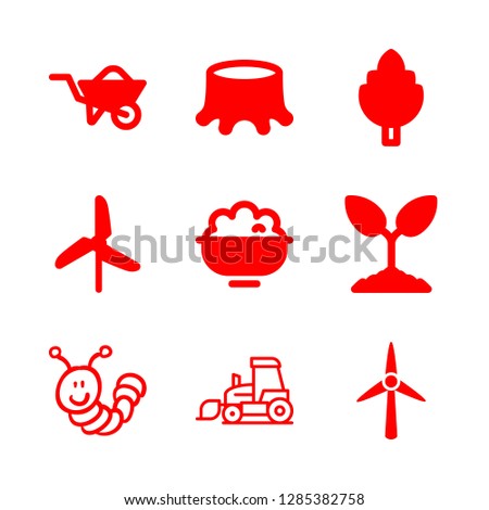 agriculture icons set with stump, barrow and wind turbine silhouette vector set