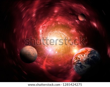 Gravity of a massive black hole delays the planets. End of the world. Elements of this image furnished by NASA.