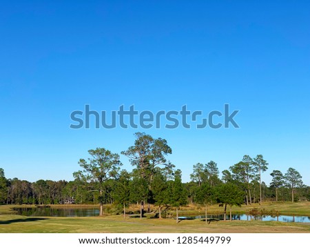 A partial view of a golf course with manicured lawn, manmade lake, and trees on a cloudless clear blue day in horizontal image format.