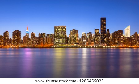 Midtown Manhattan skyline across the East River in New York City. 