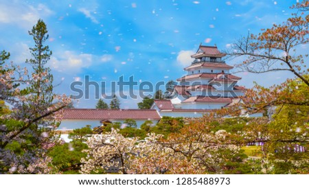 Aizuwakamatsu Castle and cherry blossom in Fukushima, Japan 