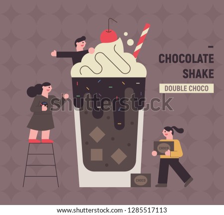 Cute people making huge chocolate shakes. poster concept illustration. flat design vector graphic style.