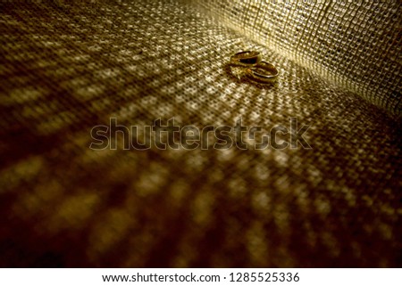 Two wedding rings of the bride and groom, photographed on a tissue lineage, with a different light