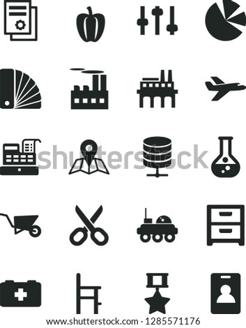 Solid Black Vector Icon Set - scissors vector, bag of a paramedic, chair for feeding, building trolley, color samples, map, big data server, nightstand, Bell pepper, flask, industrial, enterprise