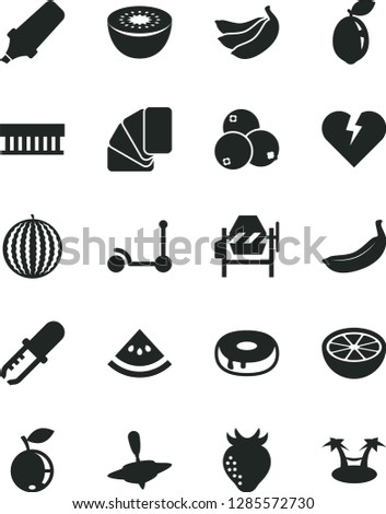 Solid Black Vector Icon Set - small yule vector, Kick scooter, concrete mixer, sample of colour, broken heart, cake with a hole, strawberry, blueberry, blueberries, water melon, banana, bananas