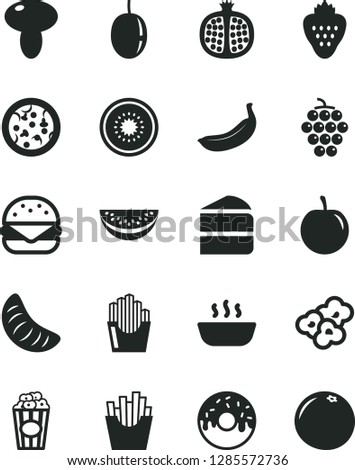 Solid Black Vector Icon Set - pizza vector, big burger, mushroom, piece of cake, glazed with a hole, hot porridge, French fries, fried potato slices, popcorn, cup, strawberry, half pomegranate, kiwi