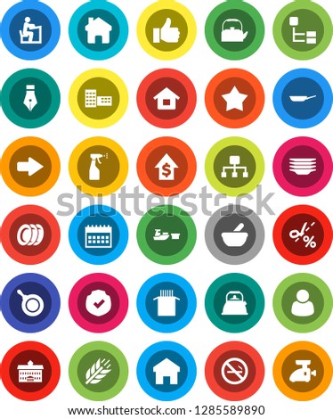 White Solid Icon Set- sprayer vector, plates, pan, kettle, pasta, pen, university, school building, student, dollar growth, calendar, cereals, no smoking, port, protected, finger up, mortar, home