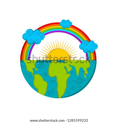 Half earth with a rainbow and sun. Vector illustration design
