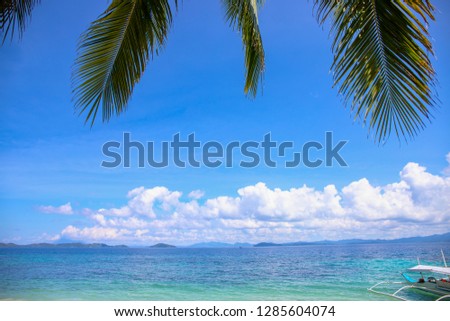Coco palm leaf and blue sea landscape with fishing boat. Green palm leaf island view. Tropical seascape exotic vacation. Summer holiday escape destination. Idyllic tropical paradise banner template