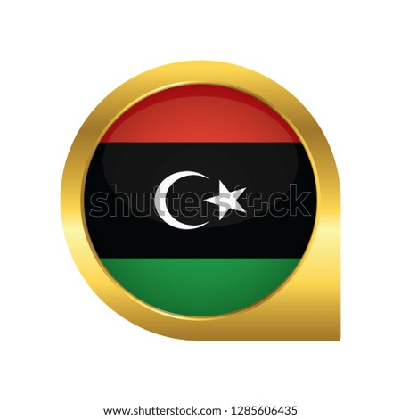 Flag of Libya, location map pin, pointer flag, button with the reflection of light and shadow, gold frame, Icon country. Realistic vector illustration on white background.
