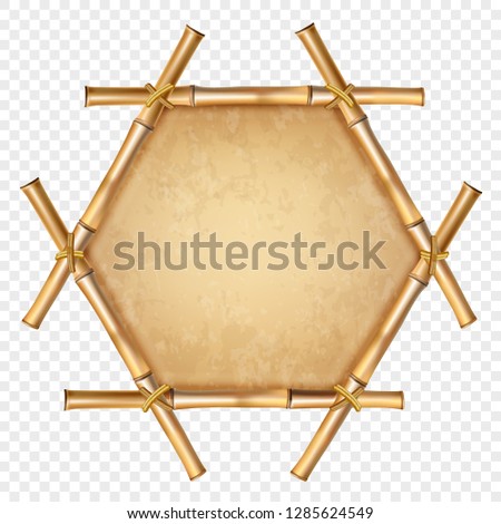 Hexagonal brown wooden border frame made of realistic dry bamboo stems with rope, old paper, canvas, copy space. Vector clip art, banner, template, photo frame isolated on transparent background