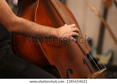 A man playing a double bass musical instrument during a live performance 