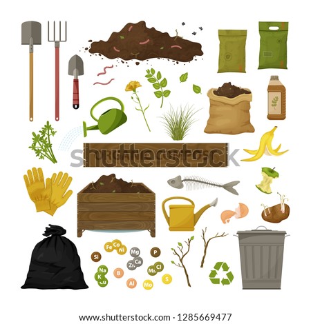 Set of cartoon flat icons. Organic compost theme. Garden tools, wooden box, ground, food garbage. Illustration of bio, organic fertilizer, compost, agronomy. Colored vector design. Royalty-Free Stock Photo #1285669477