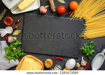 pasta, long, Spaghetti or Bucatini (ingredients for pasta and sauce) set of ingredients. food background. copy space