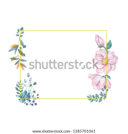 Watercolor flowers and leaves wreath. Gold frame illustration. square clip art branch for celebration, widding, invite card white background Vintage style